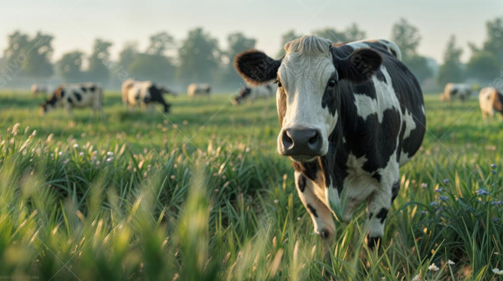 Imagem Realista De Vaca Girolando Leiteira Em Destaque Com Pasto Desfocado