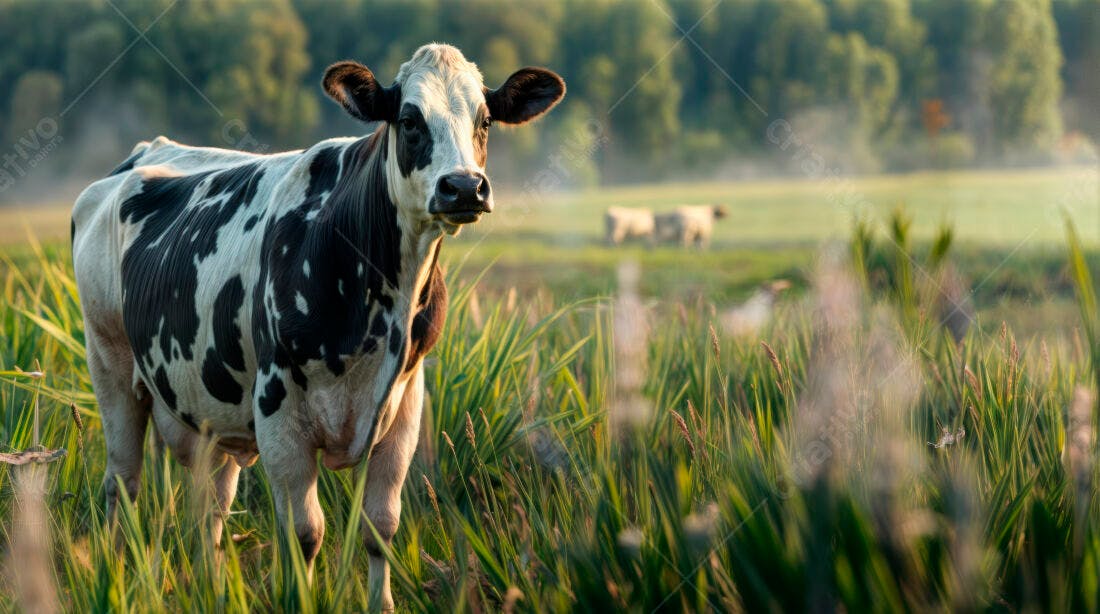 Vaca leiteira em pasto verde ao amanhecer