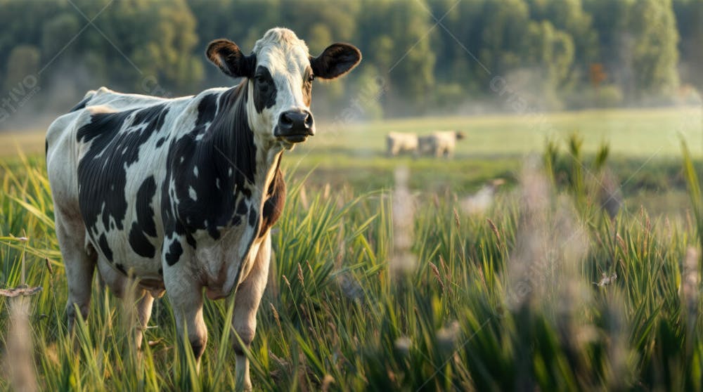 Imagem Realista De Vaca Girolando Leiteira Em Destaque Com Pasto Desfocado