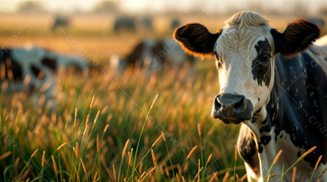Vaca em pasto ao entardecer
