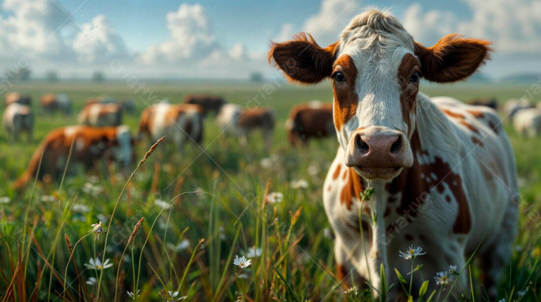 Vaca marrom e branca em pasto verde