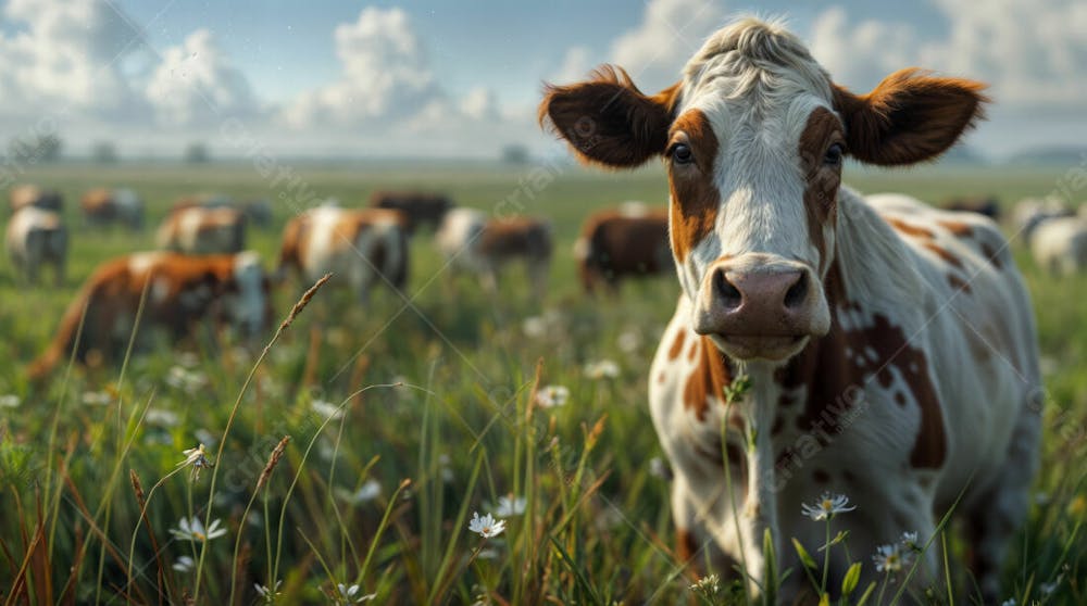 Imagem Realista De Vaca Girolando Leiteira Em Destaque Com Pasto Desfocado