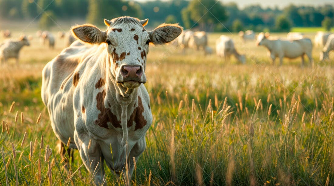 Vaca branca e marrom em pasto ao entardecer