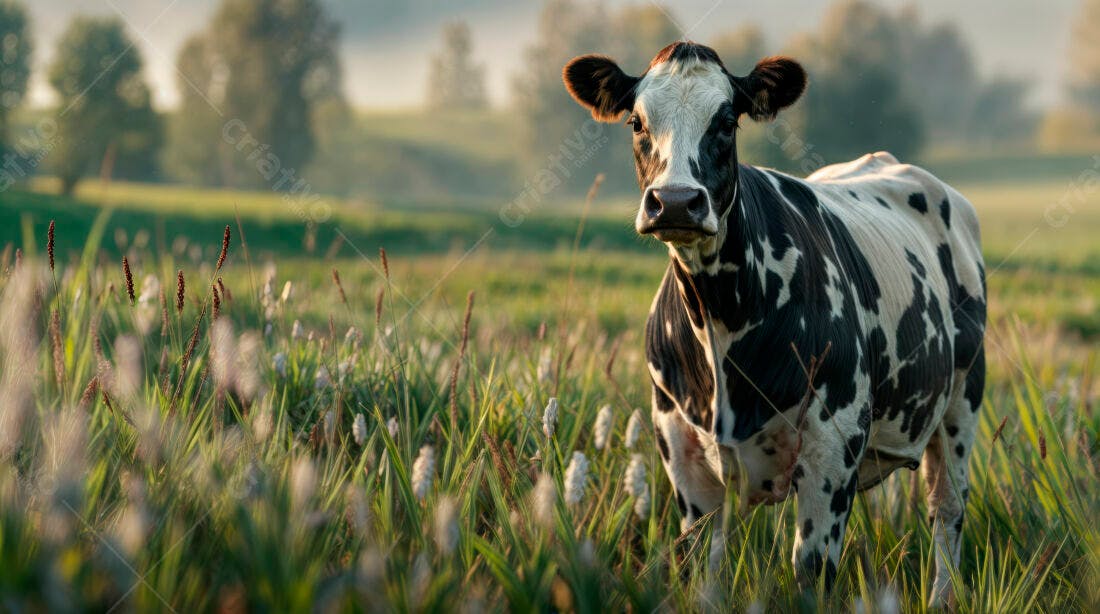 Vaca em pasto verde ao amanhecer