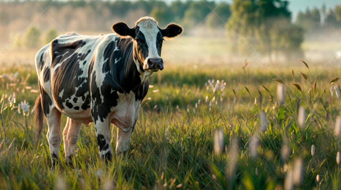 Vaca leiteira em pasto ao amanhecer