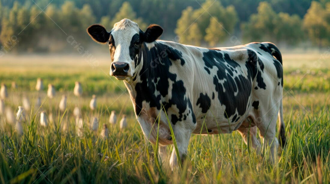 Vaca branca e preta em pasto verde ao amanhecer