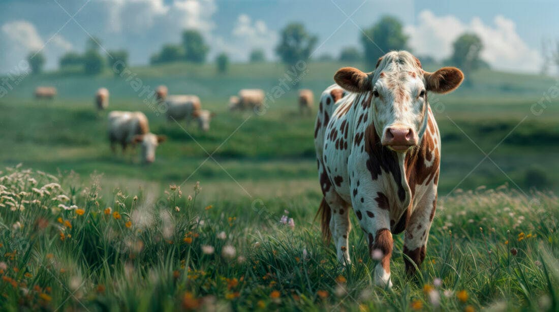 Vaca branca com pintas marrons em pasto verde