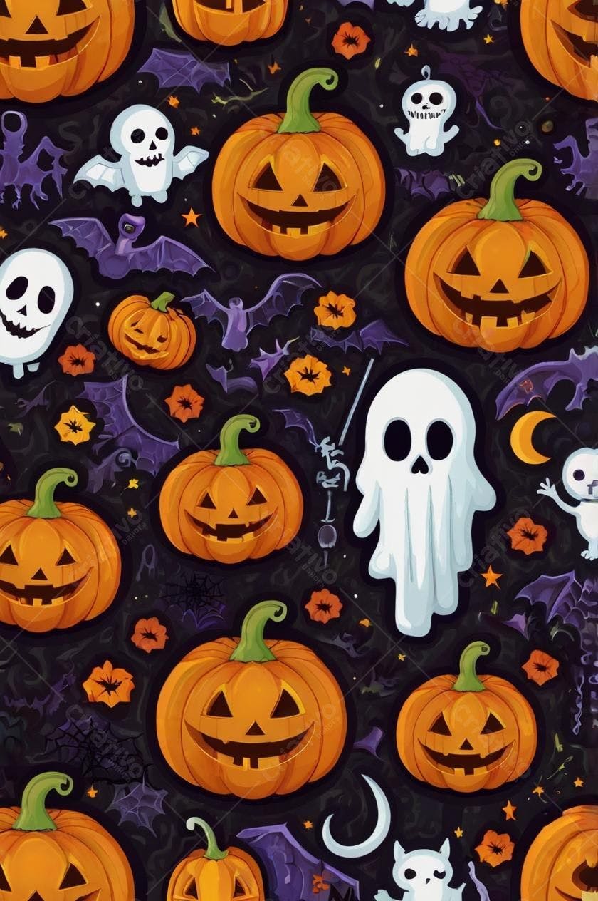 Abóboras de Halloween com Fantasmas e Morcegos