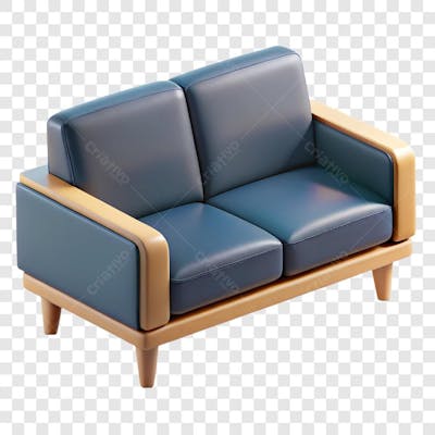 Sofá Dois Lugares Azul Com Base Madeira Elemento 3D Png Ia