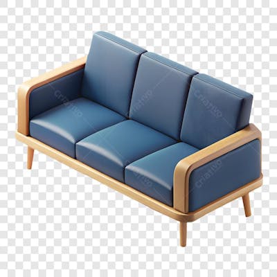 Sofá Três Lugares Azul Com Base Madeira Elemento 3D Png Ia