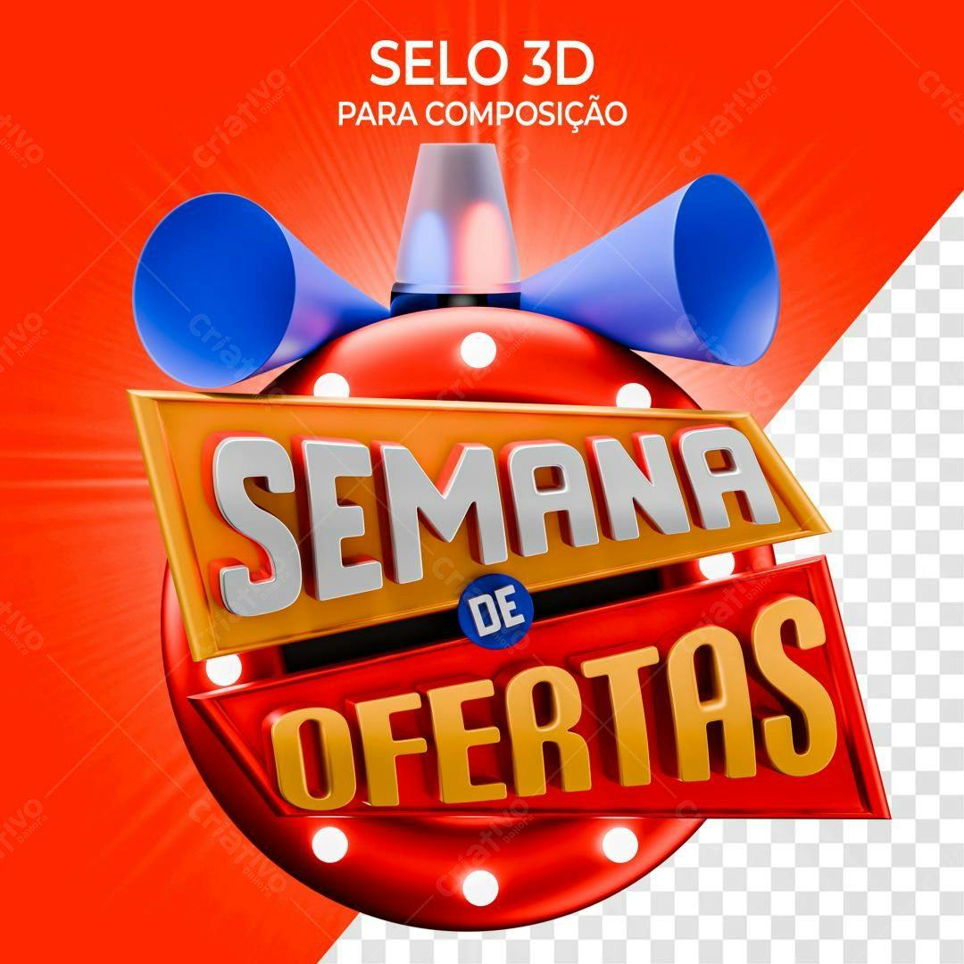 Selo 3D promocional vermelho e dourado com megafone