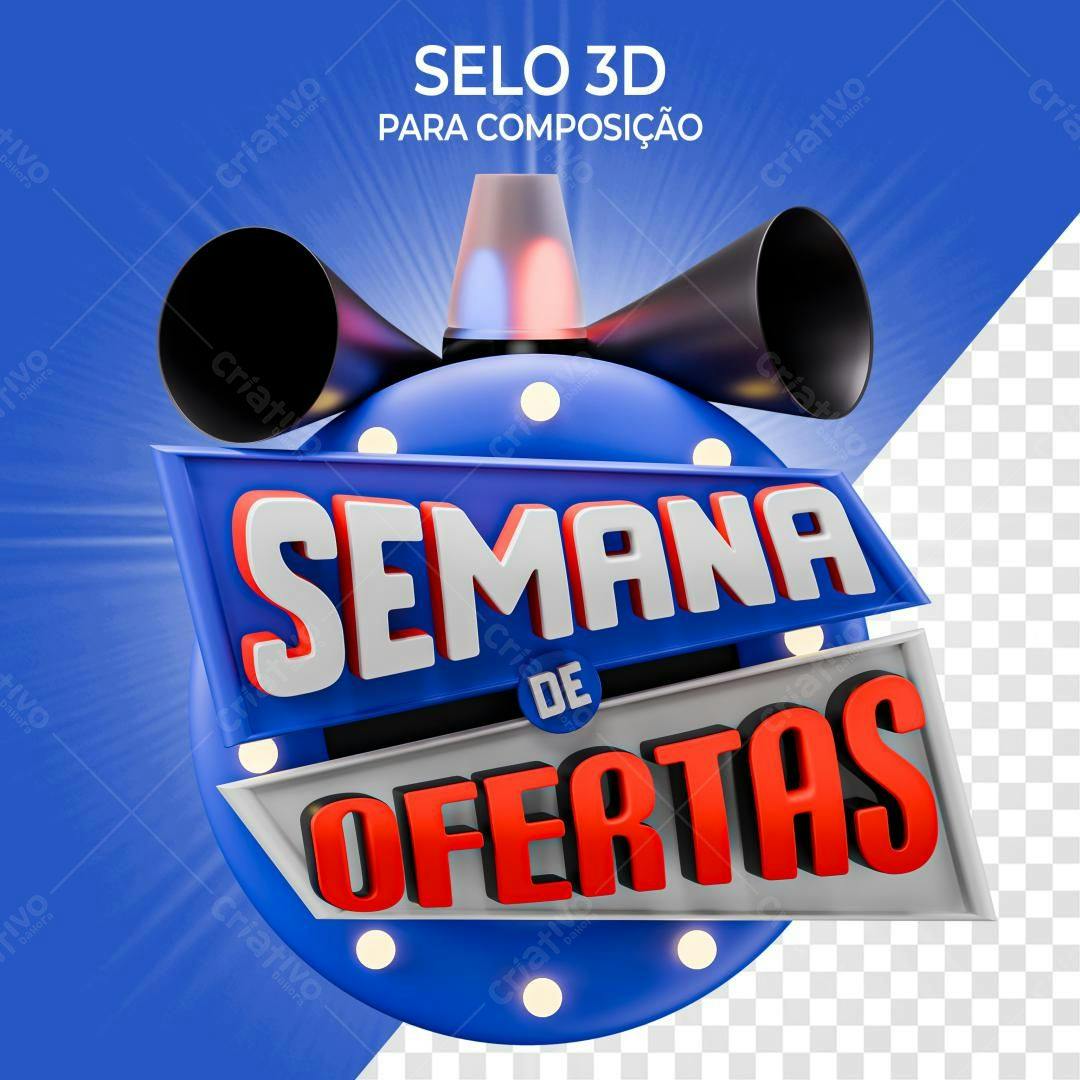 Selo 3D promocional azul e vermelho com sirene