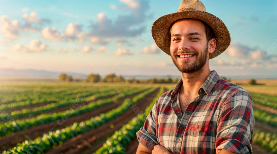 Fazendeiro feliz em campo ao entardecer