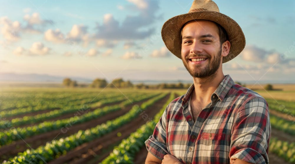 Imagem Ia Homem Fazendeiro Feliz Jovem Do Agro Trabalhador Na Plantação Da Fazenda No Campo