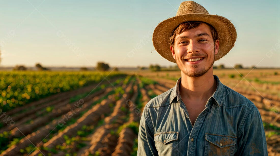 Fazendeiro sorrindo em plantação ao entardecer
