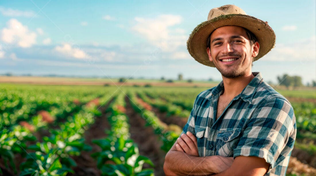 Fazendeiro sorridente em plantação verde