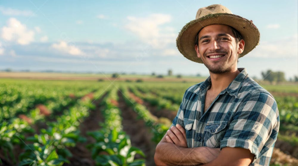 Imagem Ia Homem Fazendeiro Feliz Jovem Do Agro Trabalhador Na Plantação Da Fazenda No Campo