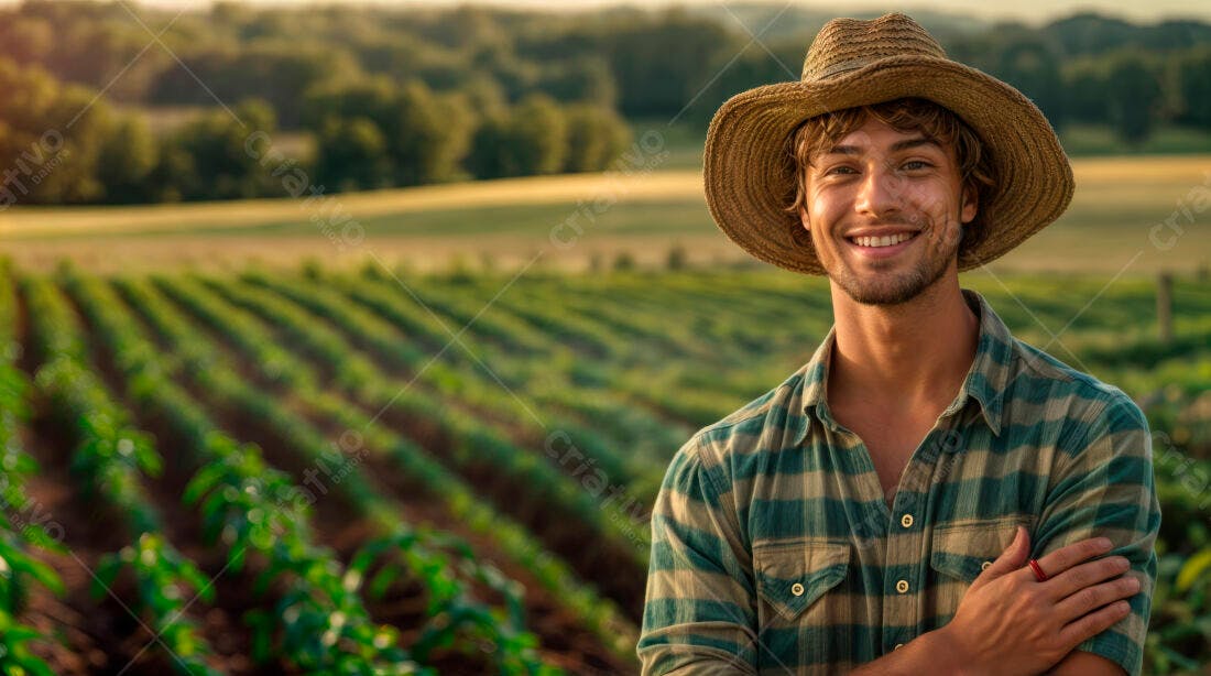 Fazendeiro feliz em seu campo no fim da tarde