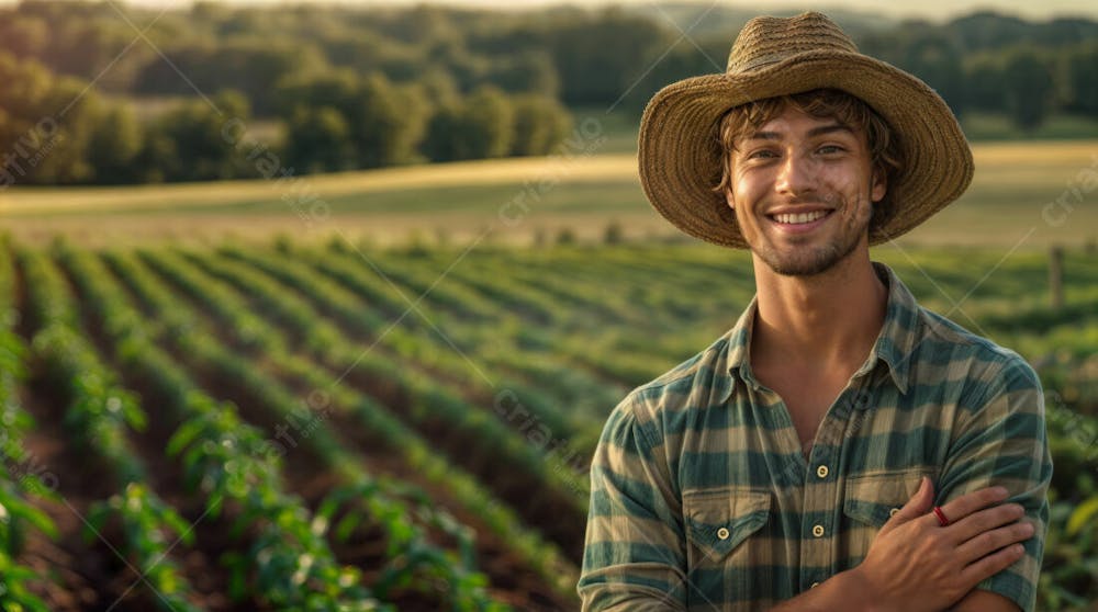 Imagem Ia Homem Fazendeiro Feliz Jovem Do Agro Trabalhador Na Plantação Da Fazenda No Campo