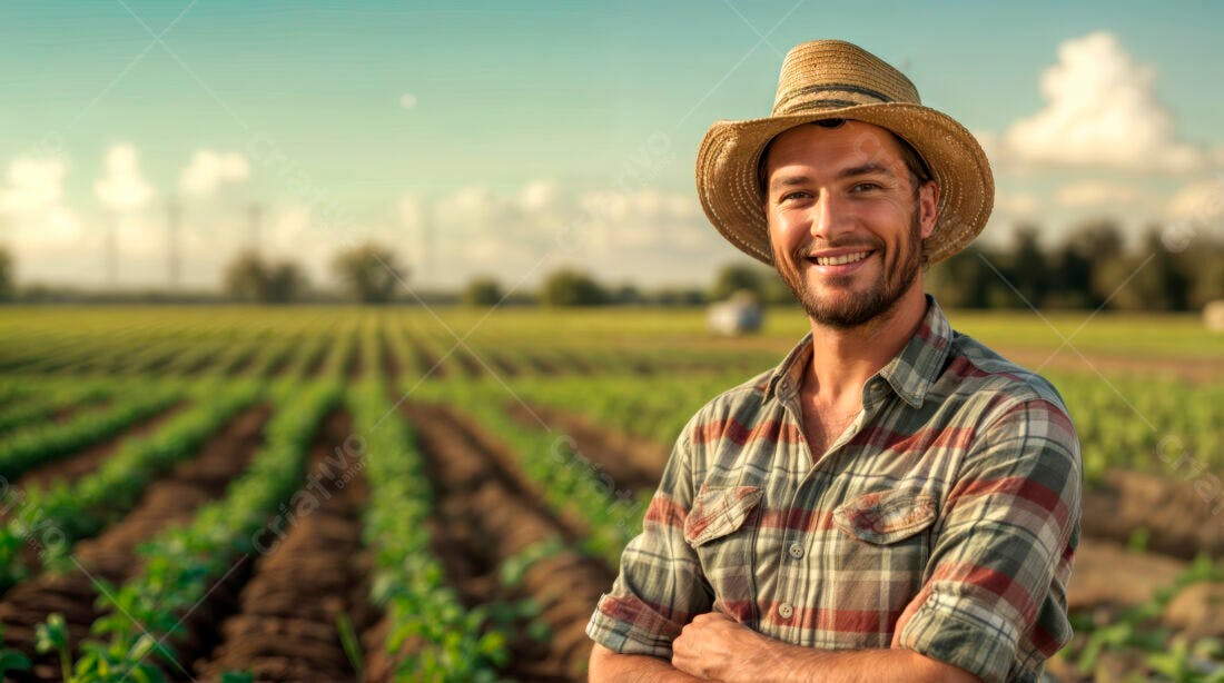 Fazendeiro sorrindo em campo de cultivo