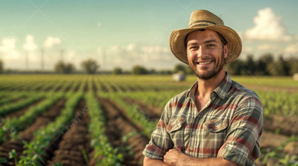 Imagem Ia Homem Fazendeiro Feliz Jovem Do Agro Trabalhador Na Plantação Da Fazenda No Campo