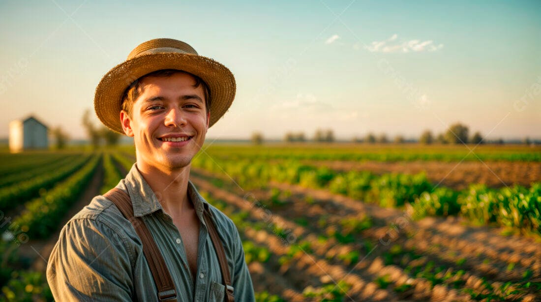 Jovem agricultor sorrindo em plantação ao entardecer