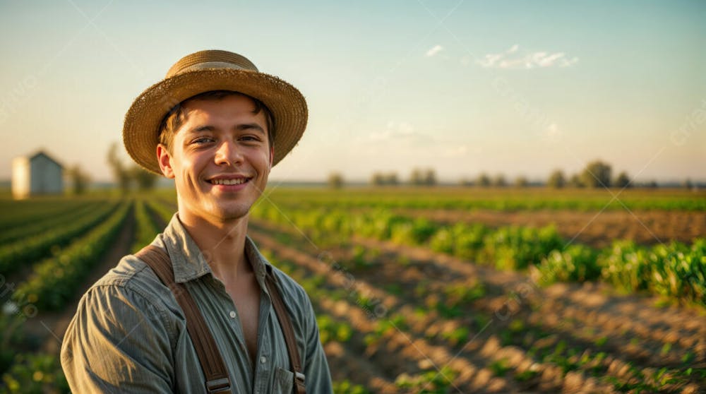 Imagem Ia Homem Fazendeiro Feliz Jovem Do Agro Trabalhador Na Plantação Da Fazenda No Campo