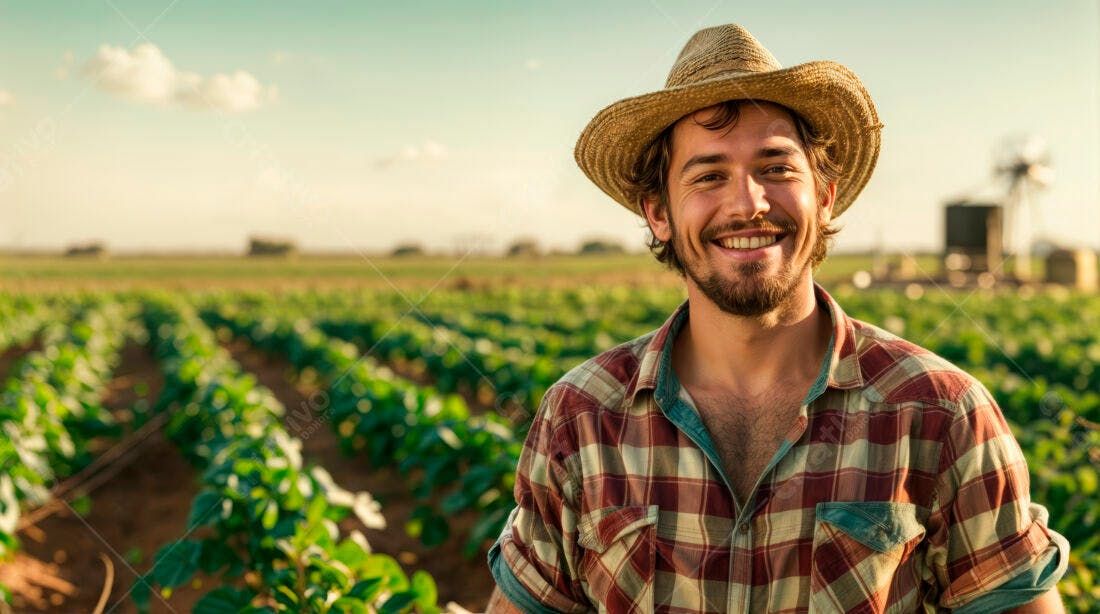 Fazendeiro sorridente em plantação ao entardecer