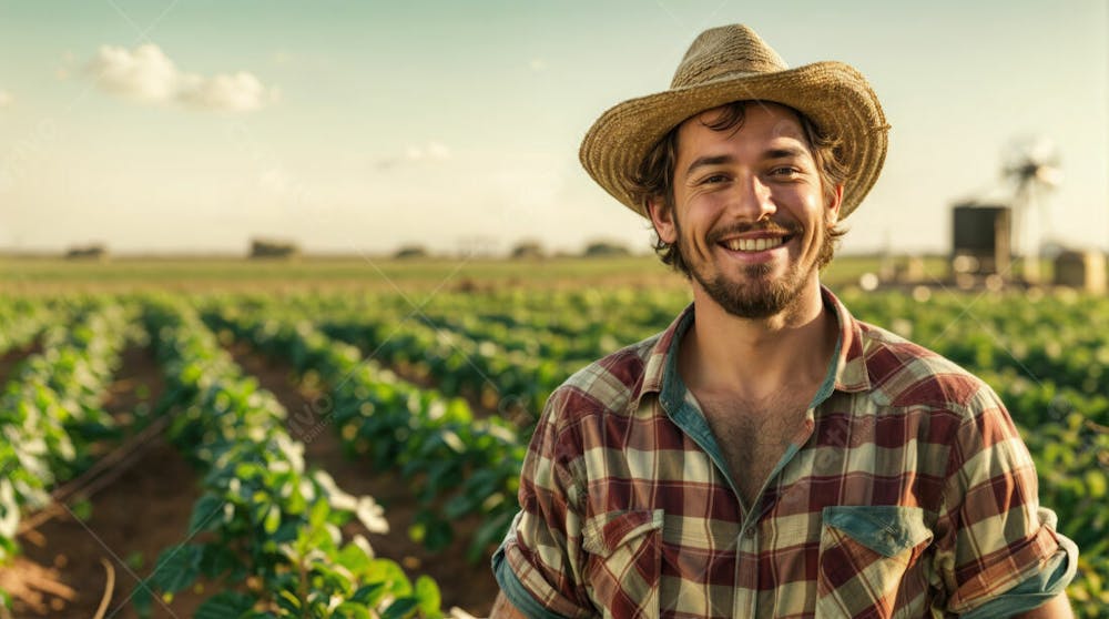 Imagem Ia Homem Fazendeiro Feliz Jovem Do Agro Trabalhador Na Plantação Da Fazenda No Campo