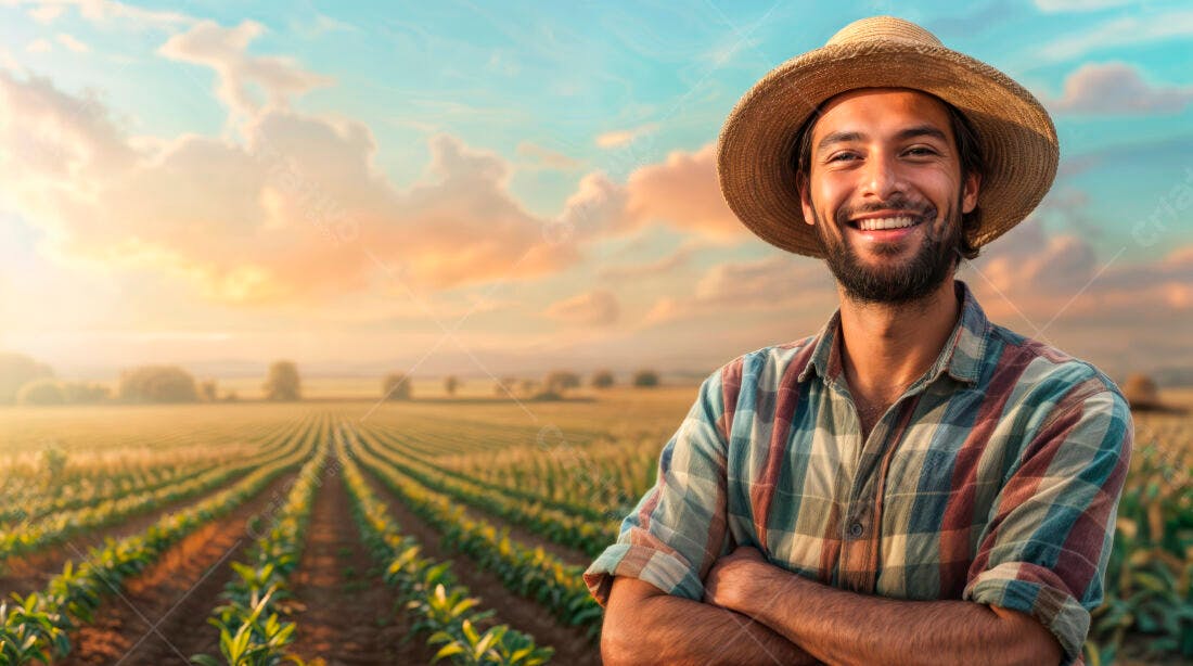 Fazendeiro feliz em plantação ao pôr do sol