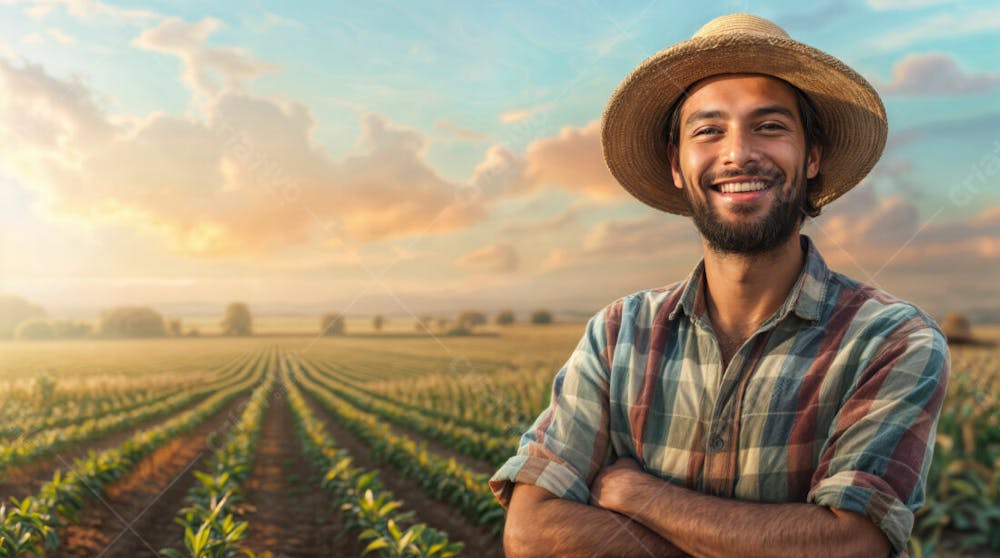 Imagem Ia Homem Fazendeiro Feliz Jovem Do Agro Trabalhador Na Plantação Da Fazenda No Campo