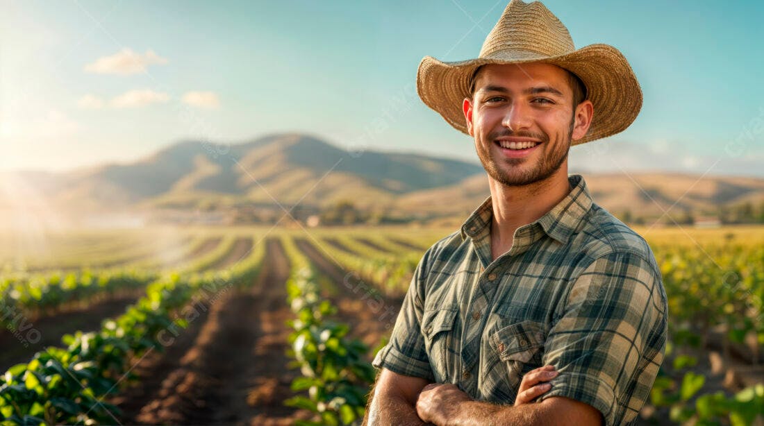Fazendeiro sorridente em campo ensolarado