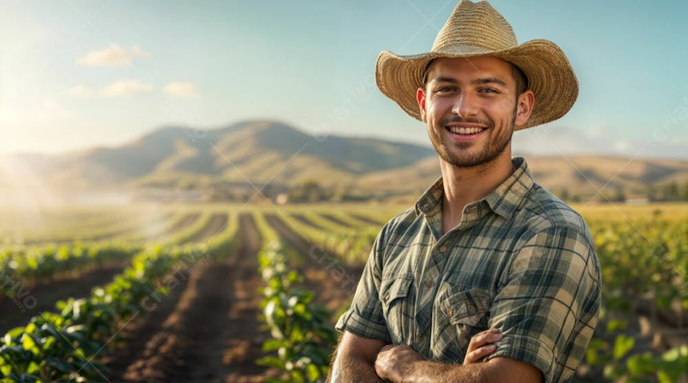 Imagem Ia Homem Fazendeiro Feliz Jovem Do Agro Trabalhador Na Plantação Da Fazenda No Campo