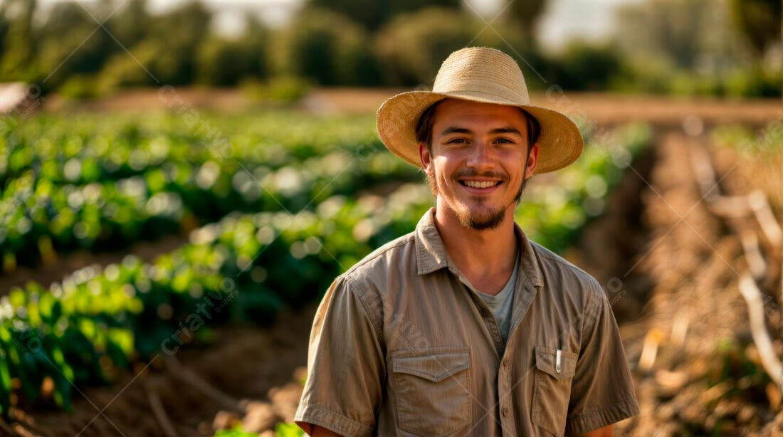 Fazendeiro sorridente em plantação