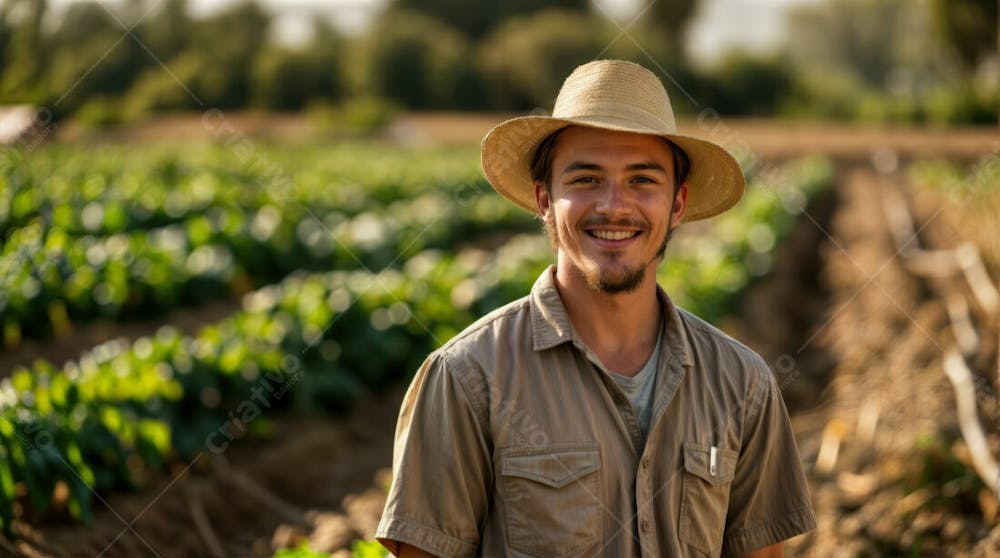 Imagem Ia Homem Fazendeiro Feliz Jovem Do Agro Trabalhador Na Plantação Da Fazenda No Campo