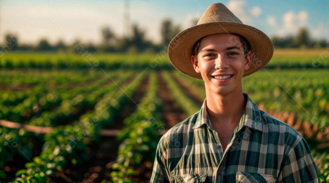 Jovem agricultor sorrindo em plantação