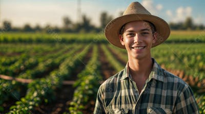 Imagem Ia Homem Fazendeiro Feliz Jovem Do Agro Trabalhador Na Plantação Da Fazenda No Campo