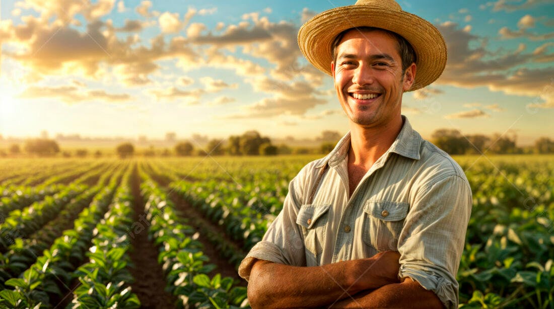 Fazendeiro alegre em plantação ao entardecer