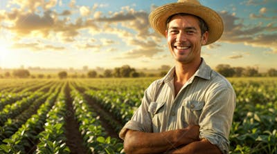 Imagem Ia Homem Fazendeiro Feliz Jovem Do Agro Trabalhador Na Plantação Da Fazenda No Campo