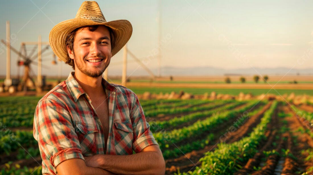 Fazendeiro sorridente em plantação ao entardecer