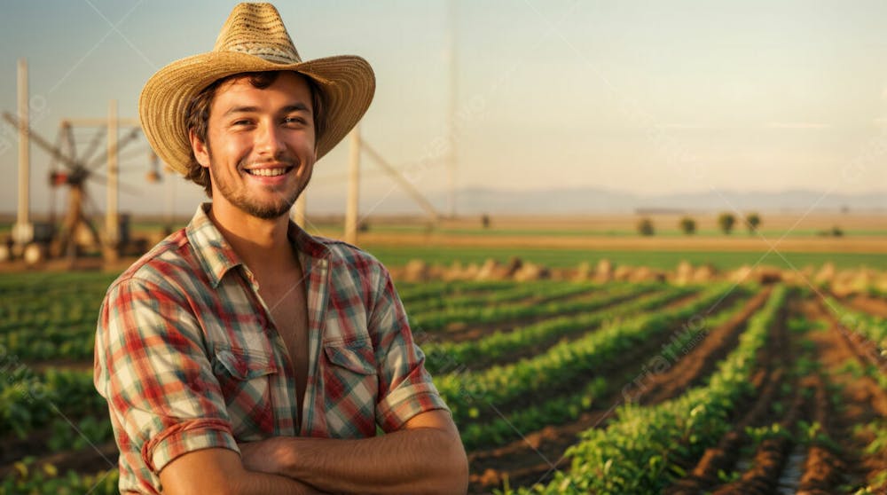 Imagem Ia Homem Fazendeiro Feliz Jovem Do Agro Trabalhador Na Plantação Da Fazenda No Campo