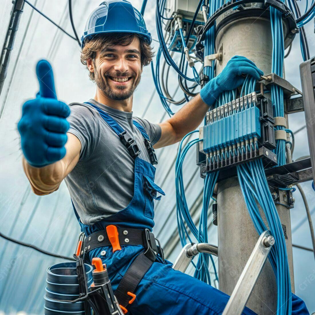 Técnico sorrindo com polegar para cima em torre de telecomunicações