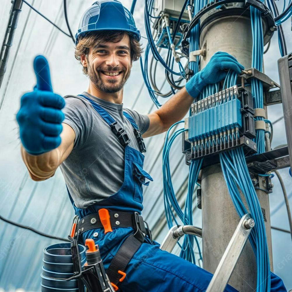 Um Técnico Telecom De Capacete Fazendo Sinal De Positivo