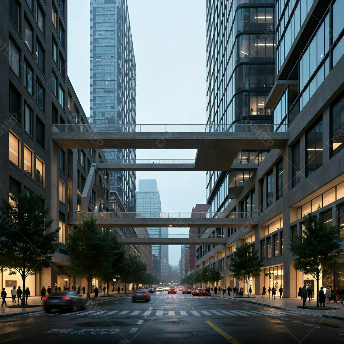 Rua moderna com passarelas elevadas ao entardecer