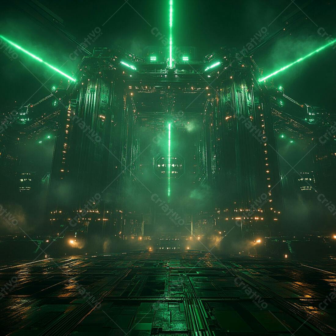 Estrutura futurista verde com laser noturno