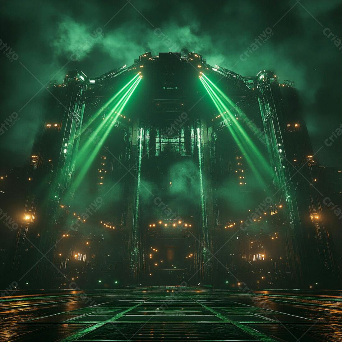 Estrutura futurista iluminada com laser verde