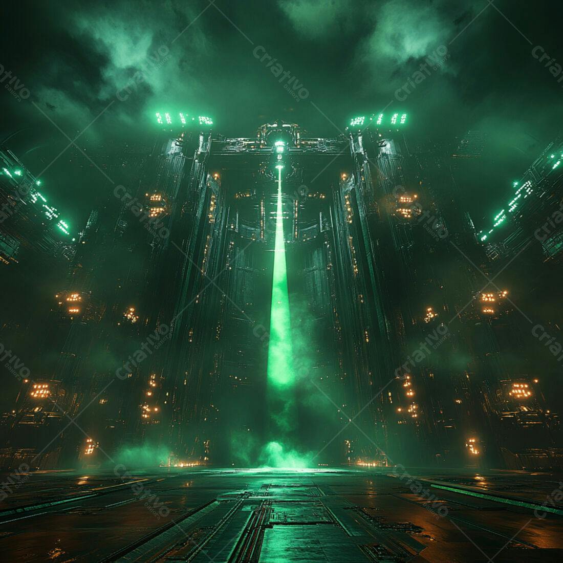 Portal verde em estrutura futurista noturna
