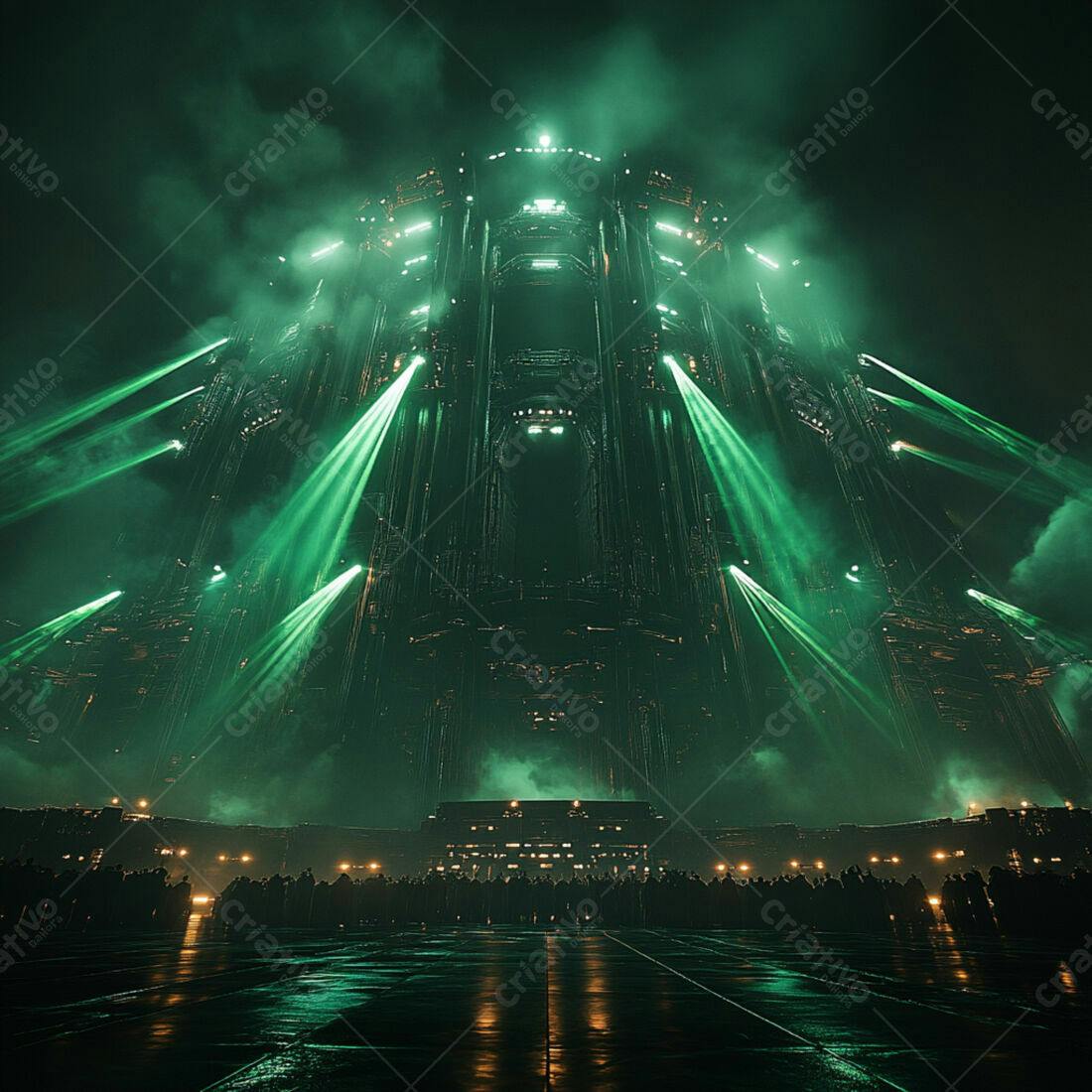Estrutura futurista iluminada com laser verde