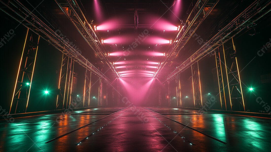 Palco iluminado rosa e verde em ambiente industrial