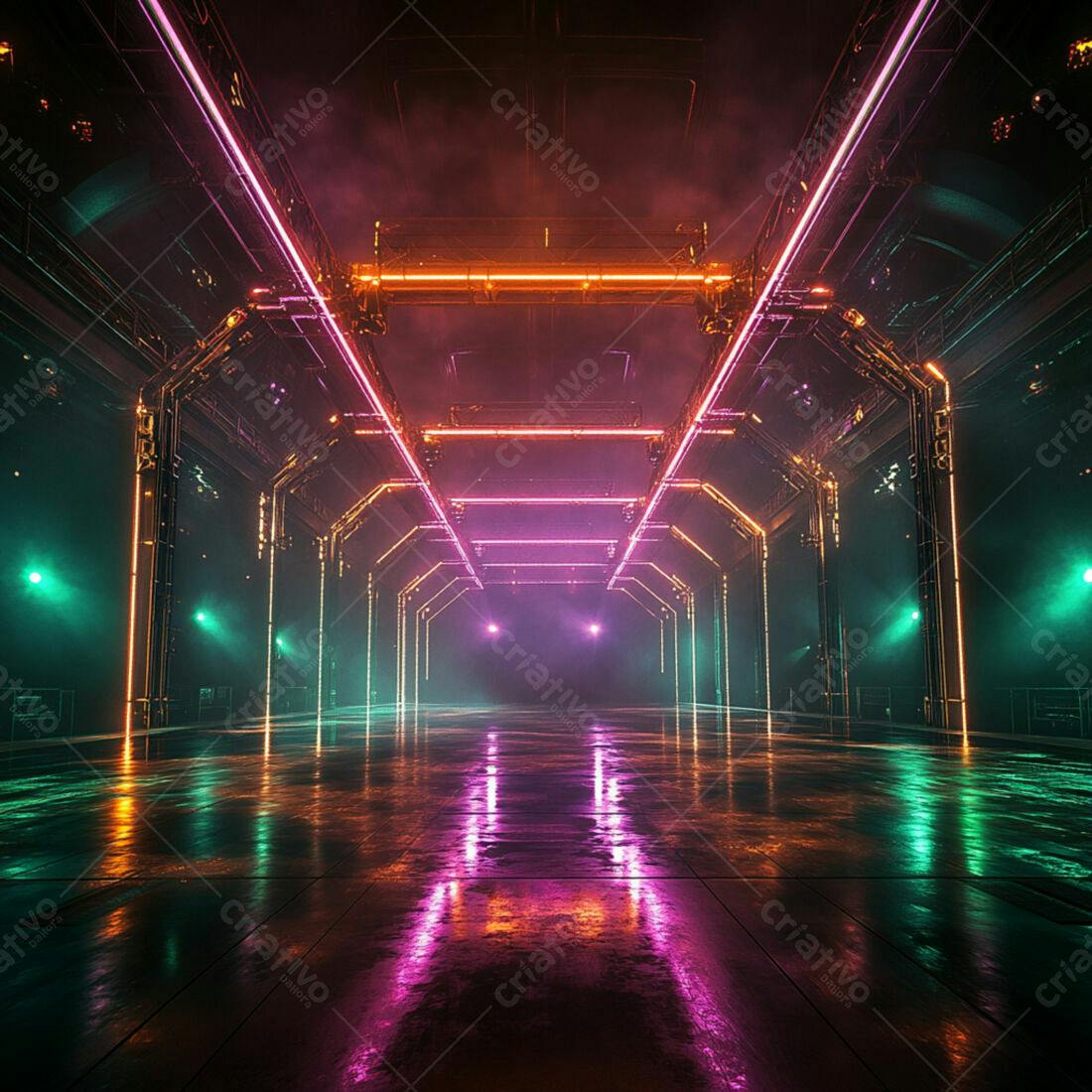 Túnel Neon Rosa e Laranja com Piso Molhado